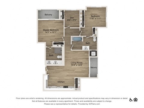Floor plan for 2 beds, 2 baths, 1388 sqft